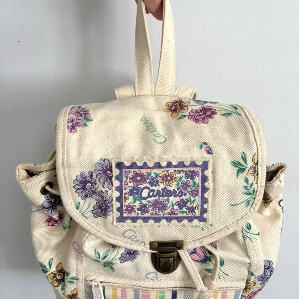 Carter’s Vintage Canvas Drawstring Backpack Cream Floral and Stripe Pattern